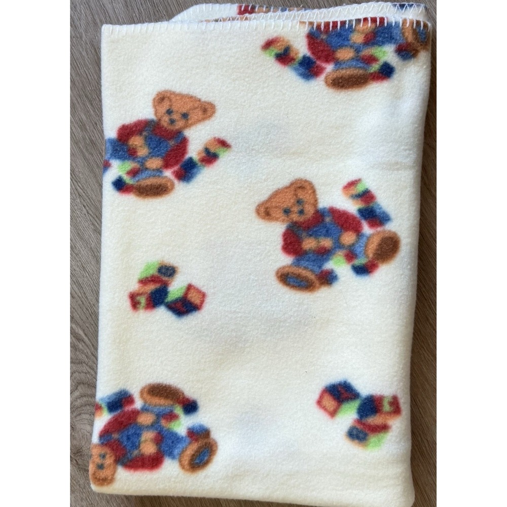 Spring Industries Vtg Blue Jean Teddy Bear Fleece Baby Blanket Blocks 29x40 Crib